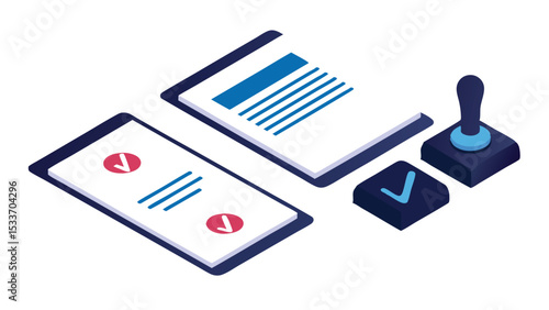 Isometric illustration showing documents with check marks and a rubber stamp on a white background