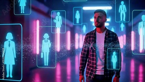 A man considering options of employee to hire through digital interfaces 