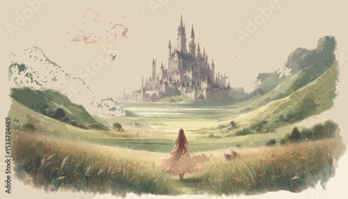 Majestic fairytale castle in dreamy landscape with mountains, dragons, and a girl in a flowing dress—perfect for fantasy book covers or magical storytelling scenes.