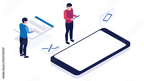 Isometric view of two people interacting with a large mobile device and floating documents around it
