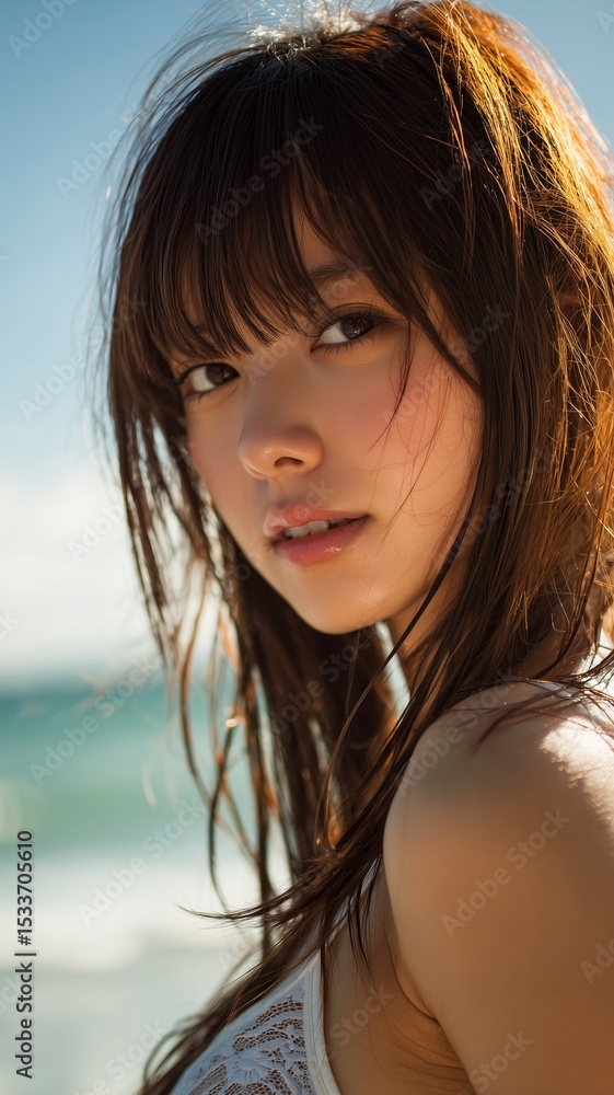 海の背景と美女のポートレート 海の背景と美女のポートレート