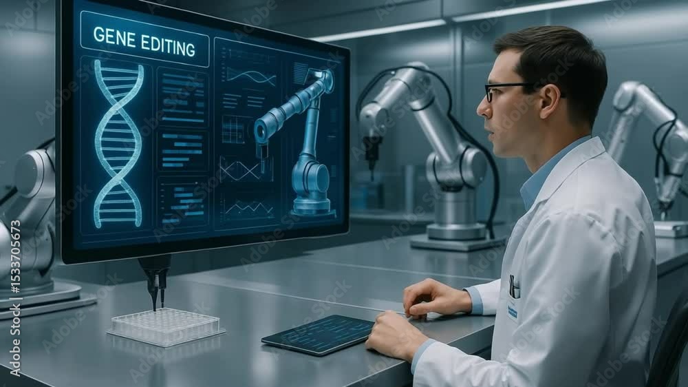 Biotechnologist Programming Lab Robots for Gene Editing in Futuristic Laboratory
Biotechnologist Programming Lab Robots for Gene Editing in Futuristic Laboratory