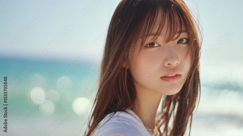 海の背景と美女のポートレート 海の背景と美女のポートレート