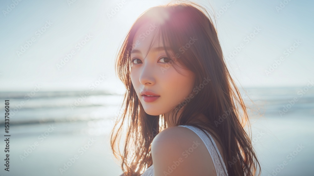 海の背景と美女のポートレート 海の背景と美女のポートレート