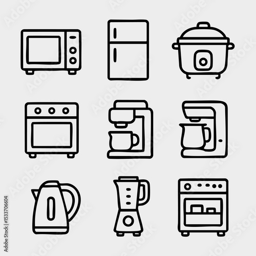Simple Black Line Kitchen Appliances Icon Set