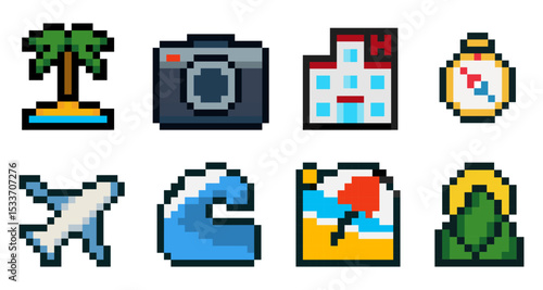 Set of 8 colorful pixel art icons related to travel, palm tree, photo camera, hotel building, compass, airplane, ocean wave, beach with umbrella and mountain with sun. Ideal for retro games, travel