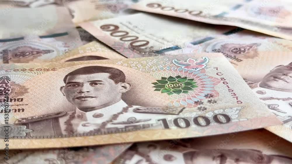 Close-Up of Rotated Thai Baht 1000 Banknotes – Business and Finance Concept