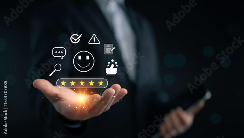 Принти на полотні Business hand presenting five star rating icon customer satisfaction review feed
