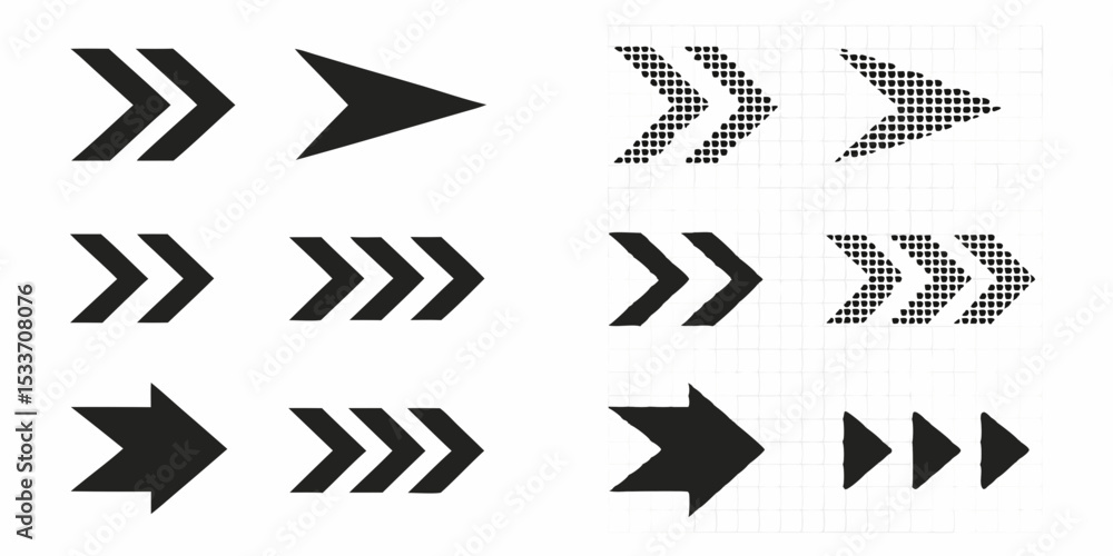 Collection of forward pointing arrows with solid and dotted styles in a grid arrangement Collection of forward pointing arrows with solid and dotted styles in a grid arrangement