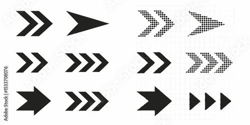 Collection of forward pointing arrows with solid and dotted styles in a grid arrangement