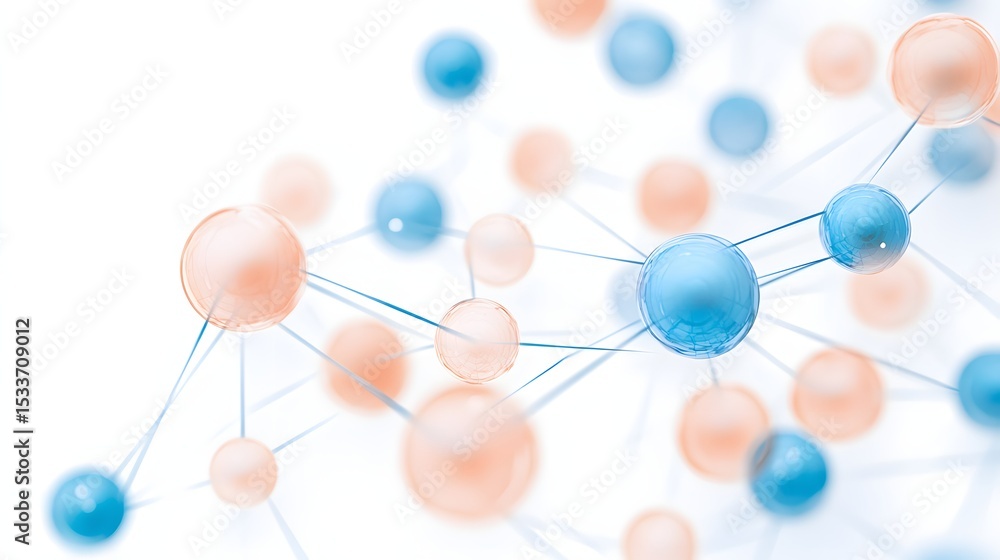 Obraz premium Abstract molecular network made of blue and peach transparent spheres on a white background