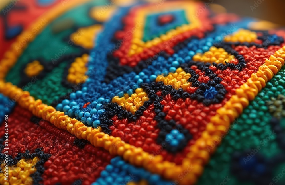 Fototapeta premium Close-up traditional handmade African jewelry with intricate embroidery. Vibrant colourful patterns. Bead art ethnic tribal design. Focus on colours, craft, decoration, style for accessories.