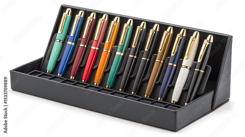 Fototapeta premium Luxury Pen Collection with Gold Accents in Black Display Case.