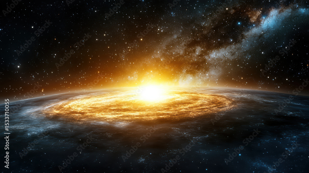 Fototapeta premium Stunning cosmic scene featuring golden galaxy core illuminating dark space around it