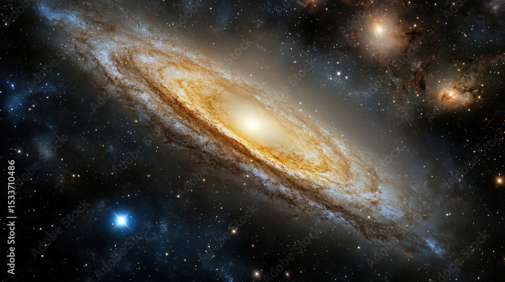 Fototapeta premium Stunning spiral galaxy with intricate dust lanes and glowing core, surrounded by stars