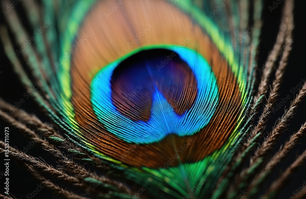 Obraz premium Macro photo of peacock feather with stunning details. Vibrant green, blue, brown colors. Artistic nature background. Exotic plume feather texture, eye-like pattern. Perfect for design, art, wildlife,