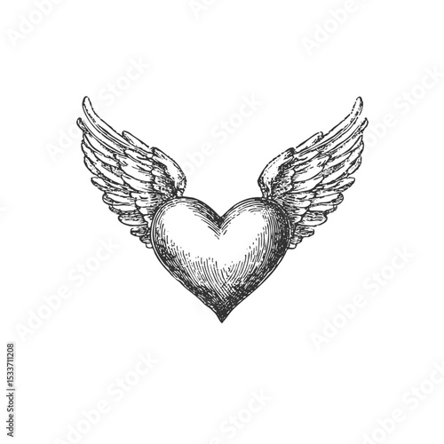 Vector heart with angel wings in engraved religious style. Symbolic vintage black and white clipart.