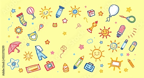 Cute hand drawn kids doodles background pattern with sun stars and objects vector