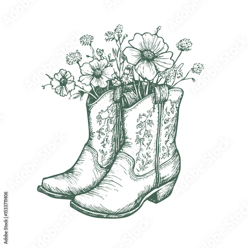 Cowgirl boots with wildflower bouquet. Vintage western footwear ink sketch vector clipart.