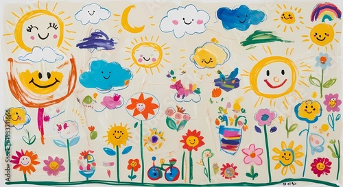 Happy sunshine flowers clouds kids drawing illustration art print for sale online