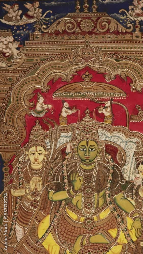 Ramapattabhisheka Tableau. Scene Has Rama And Sita On Throne, As Hanuman Kneels And Supports Lord Ramas Right Foot. Couple Is Flanked By Ramas Brothers, Vibhishana, Allies, Rishis, Kings, And Noblemen Ramapattabhisheka Tableau. Scene Has Rama And Sita On Throne, As Hanuman Kneels And Supports Lord Ramas Right Foot. Couple Is Flanked By Ramas Brothers, Vibhishana, Allies, Rishis, Kings, And Noblemen