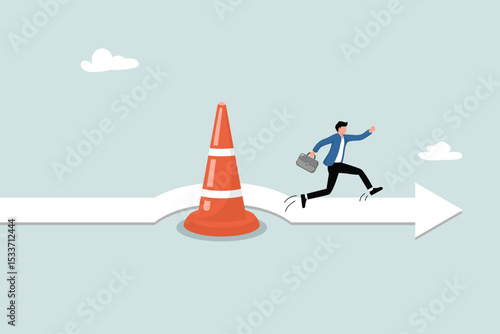 Concept of overcoming business obstacles, roadblocks, attempts to break through roadblocks, solutions to solving business problems, entrepreneurs running and jumping over traffic pole barriers.