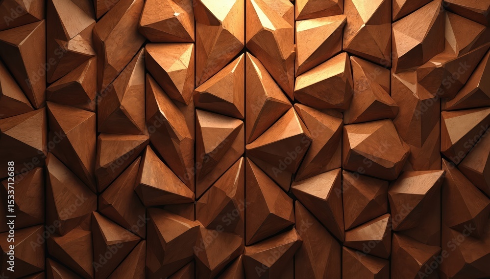 Fototapeta premium Abstract brown wooden glazed mosaic tile wall texture. Geometric shapes and patterns in wood background design. Modern art deco luxury decor element. Home interior design inspiration, creative.