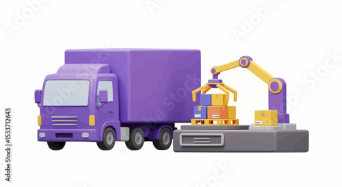 Digital rendering of a delivery truck loaded by a mechanical arm.