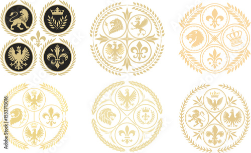 Elegant Heraldic Golden Emblems Pattern on Black Background  Lion Eagle Crown Fleur de lis in Circular Wreaths Regal and Symmetrical Decorative Design