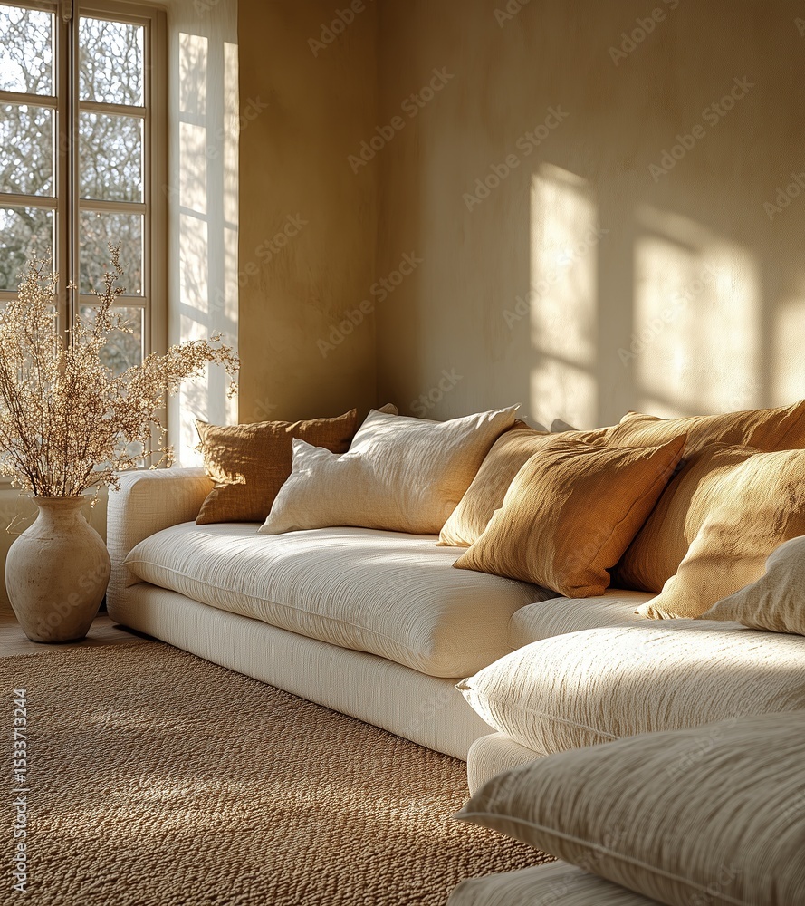 Fototapeta premium Cozy Living Room with Soft Light and Beige Tones for Healing Atmosphere
