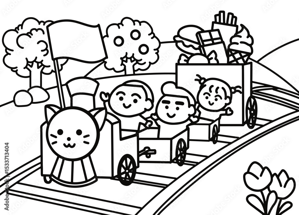 Fototapeta premium Children ride a train coloring pages style.