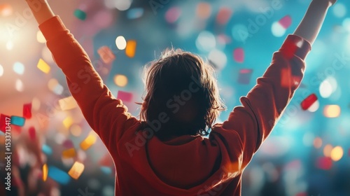 Person celebrating with confetti falling around them at a concert or event.