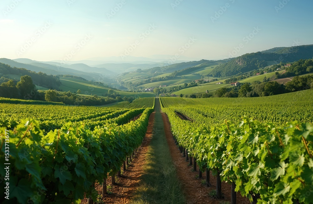 Naklejka premium Green vineyard with rows of vines. Vineyard for wine production. Ripe grapes. Wine tourism in beautiful valley countryside. Scenic view, cultivation for wine. Italian or european vacation.