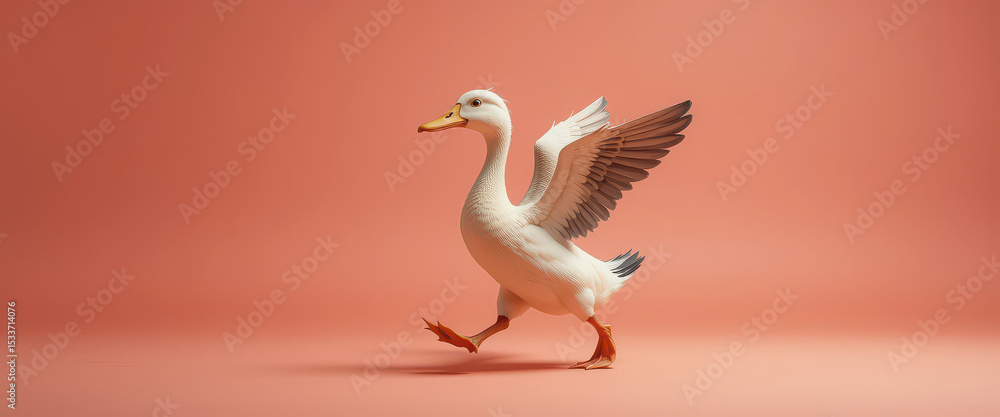 Obraz premium Charming white duck walking playfully with raised wings on pink pastel background, stylized animal character in whimsical studio setting