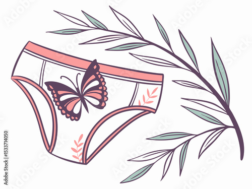 Illustrated hip briefs with butterfly and floral design on a white background