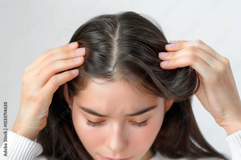 Naklejka premium Focused Young Woman Examines Scalp Under Natural Light Showing Hair Health and Care Concerns