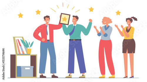 Group of colleagues celebrating an award with clapping and cheering in an office setting with stars above