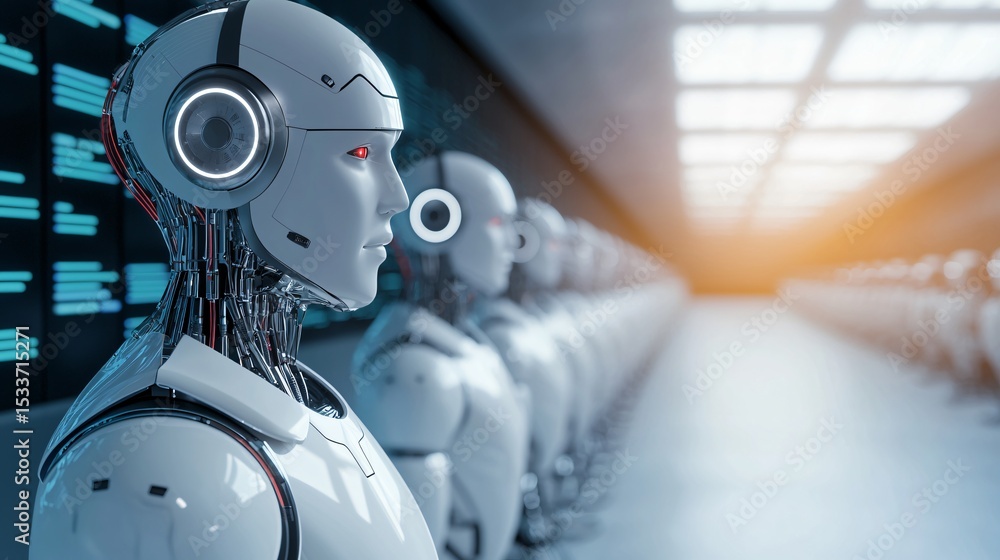 Fototapeta premium robotic workers in automated future factory, mechanical limbs, streamlined design