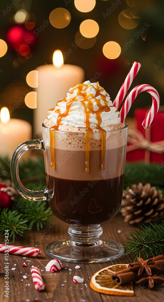 Festive layered latte topped with whipped cream and caramel, surrounded by candy canes, marshmallows, and holiday décor
Festive layered latte topped with whipped cream and caramel, surrounded by candy canes, marshmallows, and holiday décor