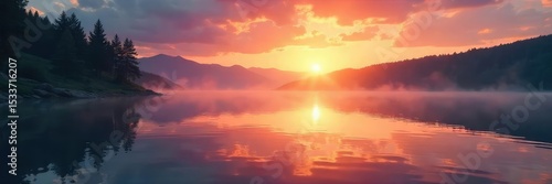 Serene sunrise over a tranquil lake, reflecting peaceful spiritual energy Perfect for meditation, mindfulness, and spiritual wellbeing themes , ethereal, serenity, light
