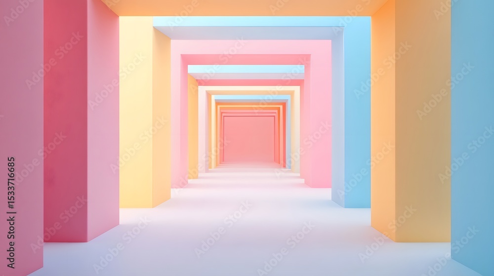 Fototapeta premium Pastel colored geometric hallway with infinite perspective in minimal style