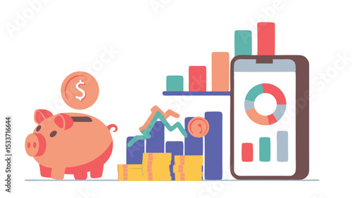 Illustration showing a piggy bank, coins, bar graphs, and a mobile phone displaying a pie chart and bars