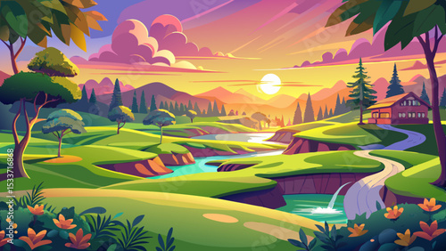 Sunrise over a meticulously manicured golf course with vibrant landscaping. Very beautiful