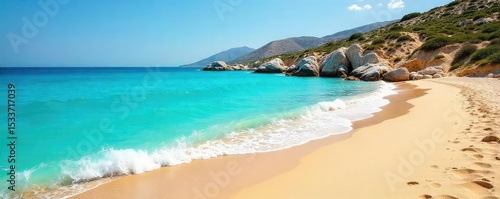 Sun-drenched golden sand meets crystal-clear turquoise water on a secluded Greek beach Perfect for relaxation and escape, this idyllic scene evokes the beauty of the Aegean Sea , sea, Mediterranean