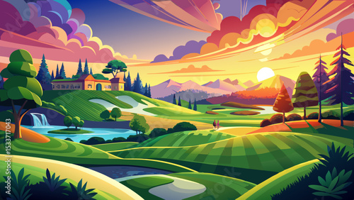Sunrise over a meticulously manicured golf course with vibrant landscaping. Very beautiful