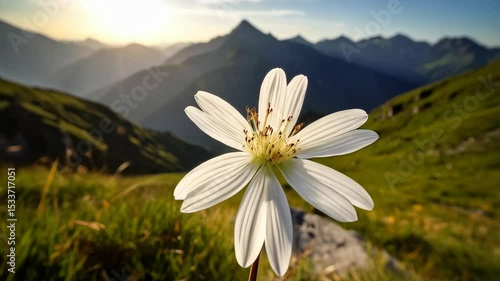 Lone white flower stands tall against majestic mountain range backdrop at sunrise