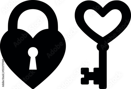 Heart Lock and Key vector black silhouette print design