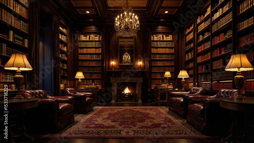 Luxurious library with fireplace and leather chairs