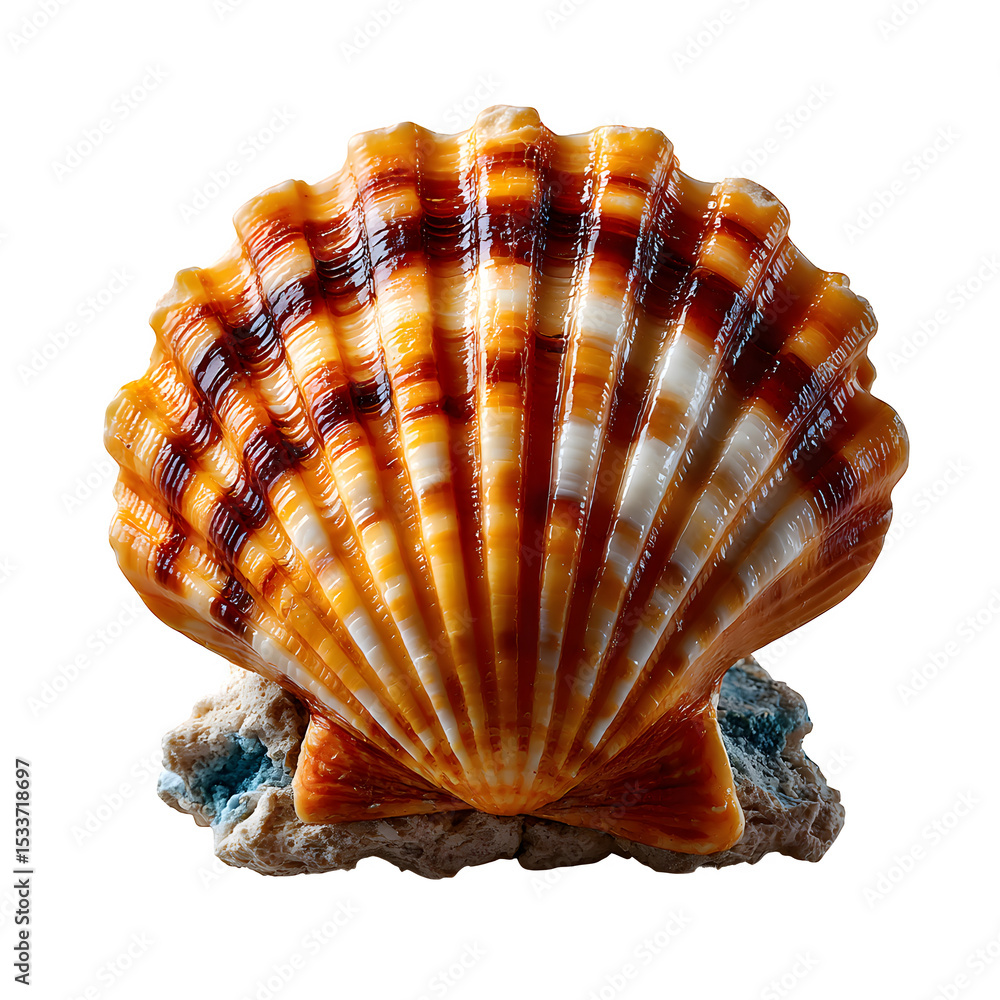 Obraz premium Scallop sea shell top view, natural texture and ridges, isolated on transparent background