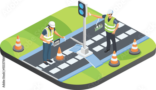 Isometric view of construction workers repairing a road with traffic lights and cones present in the scene